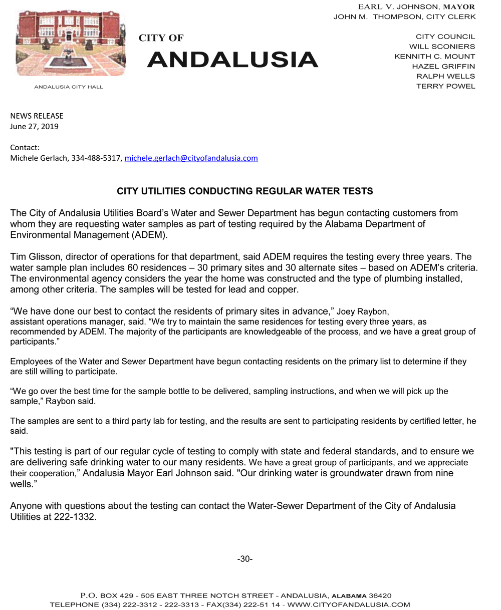 20190627 News Release CITY CONDUCTING ADEM TESTING